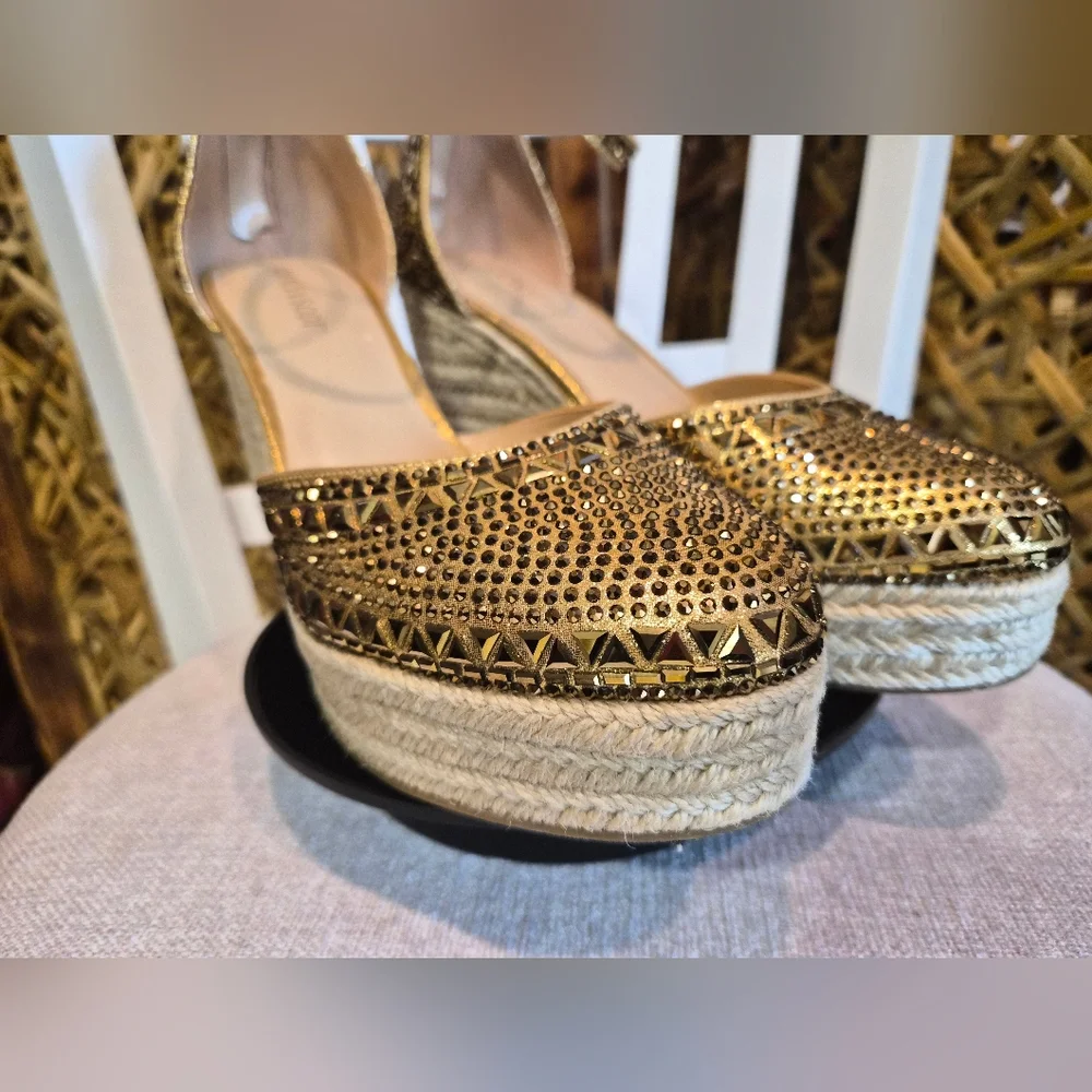Gold Embellished Espadrille Wedge Sandal with Ankle Strap